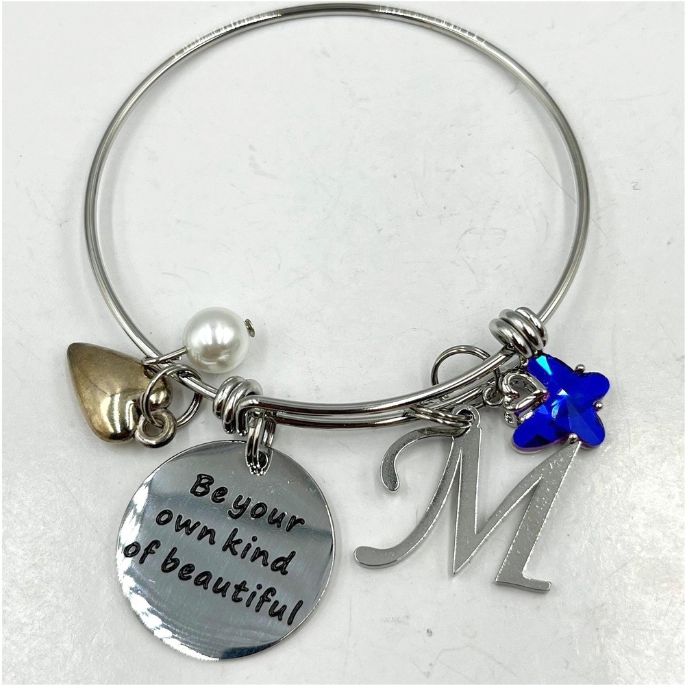 Vintage Silver‎ Tone Initial M Charm Faux Pearl Bangle Bracelet Statement Retro